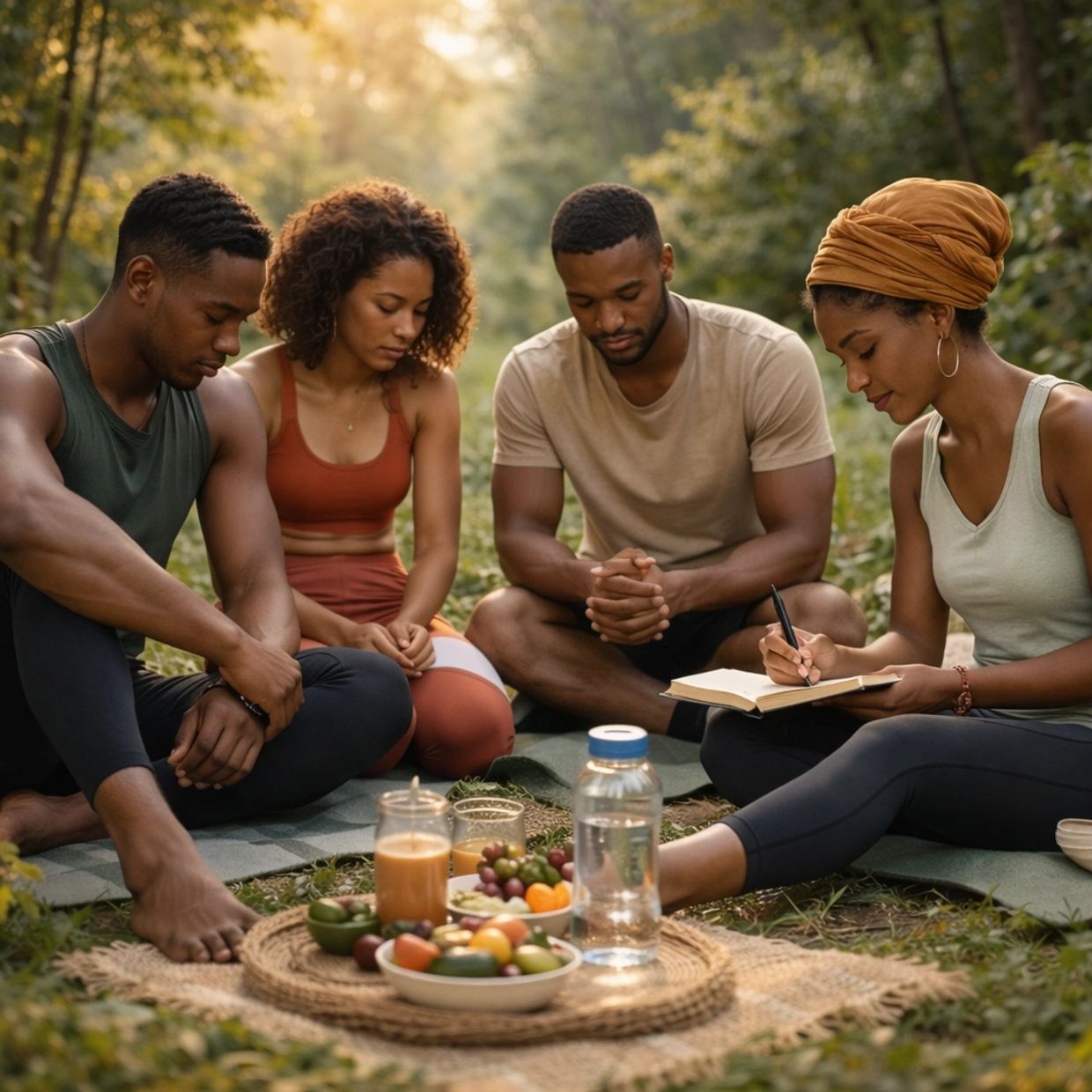 Friends meditating together outdoors with healthy snacks.