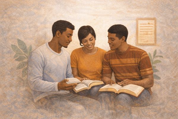 Three people reading books together.