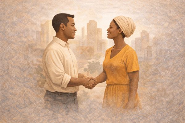 Two people shaking hands against a city backdrop.