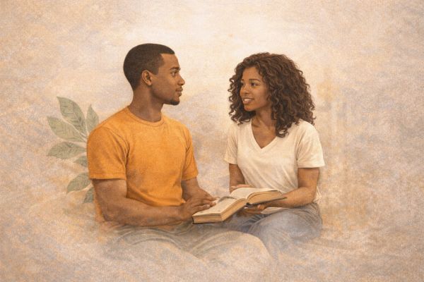 Couple engaging in a conversation with a book.