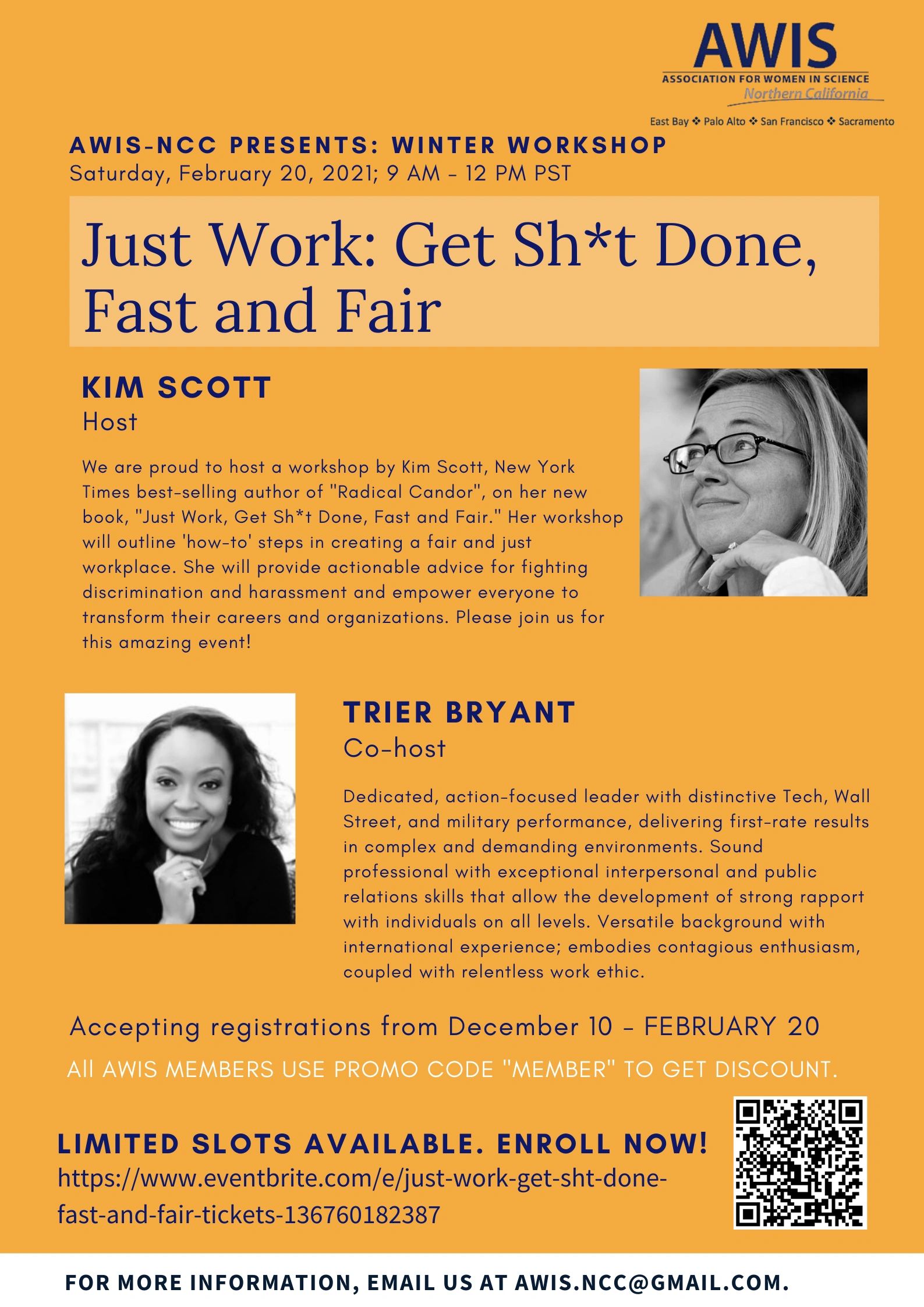 AWIS-NCC presents a winter workshop on fair and fast work led by Kim Scott and co-host Trier Bryant.