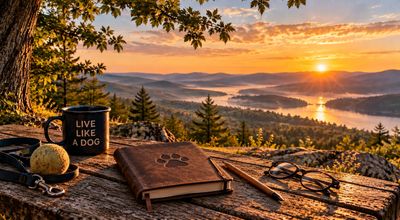 Live Like a Dog journal and mug overlooking a mountain lake at sunrise.