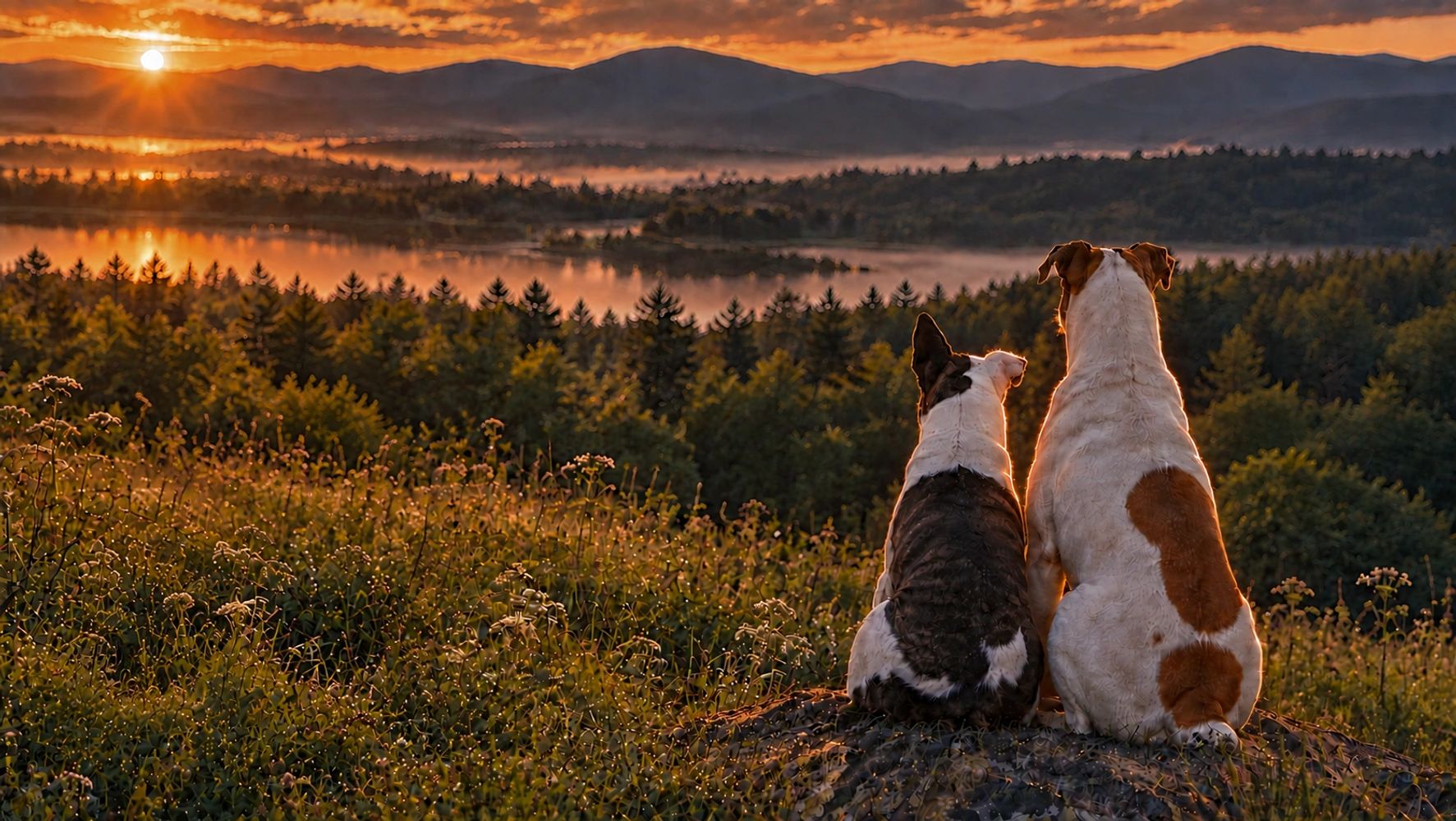 2 dogs sitting next to each other staring out at the landscape that has mountains, sun, water.