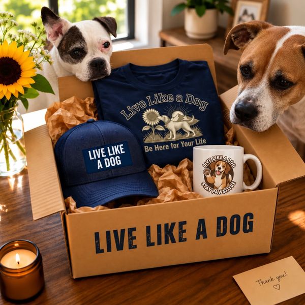 Gift box with live like a dog shirt, hat, mug and two dogs looking over the box on a table. 