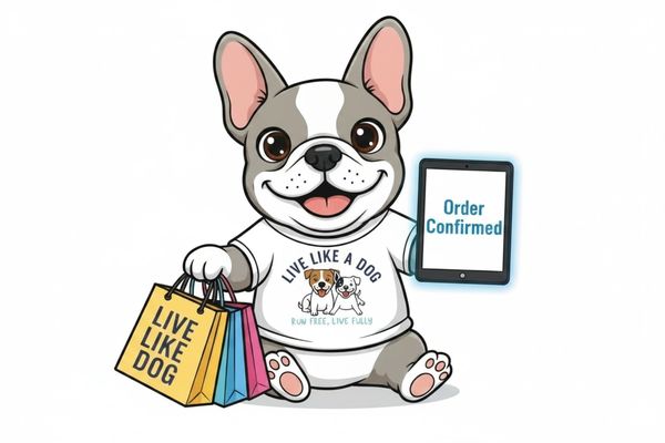 Cute dog mascot holding shopping bags and a tablet showing 'Order Confirmed'.