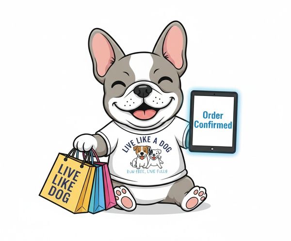 Cute cartoon dog holding live like dog shopping bags and tablet with words order confirmed
