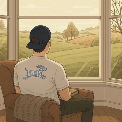 man with backwards hat sitting in chair, staring out window at fields and trees as if reflecting. 