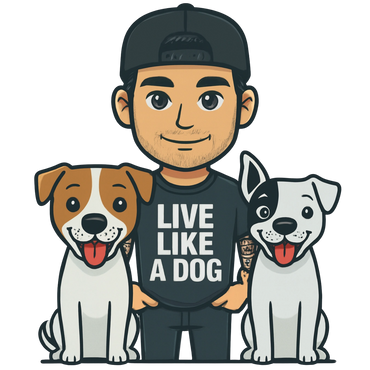 A man with live like a dog shirt, tattoos, backwards hat, with 2 dogs sitting on each side of him