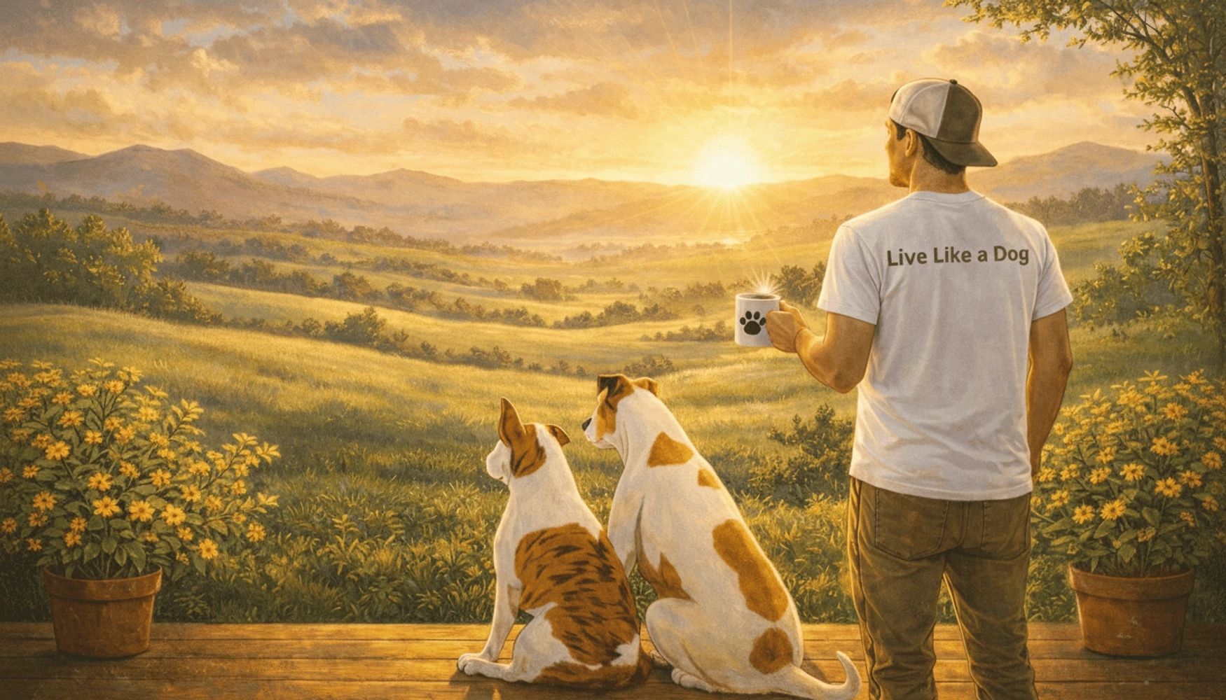 Man stands on a porch with his two dogs and a coffee at sunrise, gazing over rolling hills.