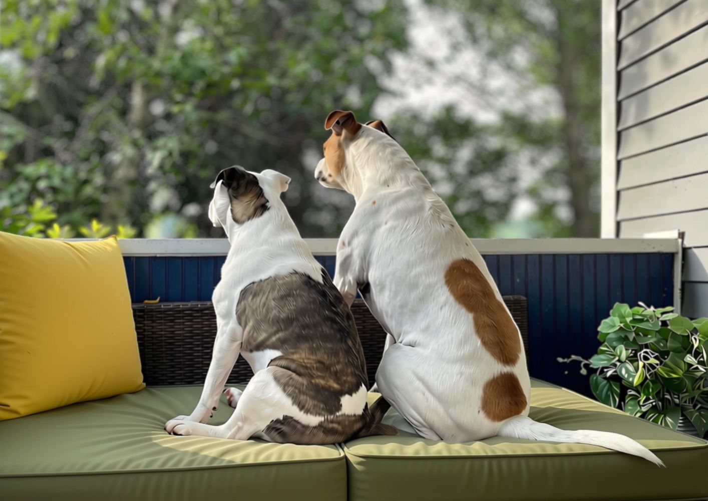 Two dogs sitting together on an outdoor bench looking outwards, quietly watching the yard 