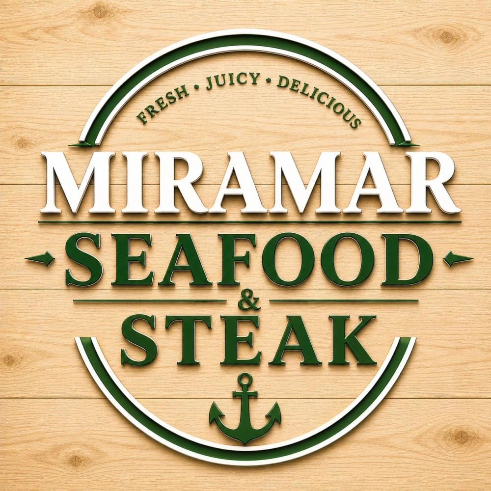 Logo for Miramar Seafood & Steak on a wooden background.
