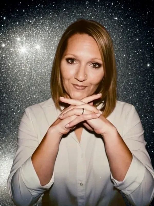Woman with folded hands posing confidently against a sparkling background.