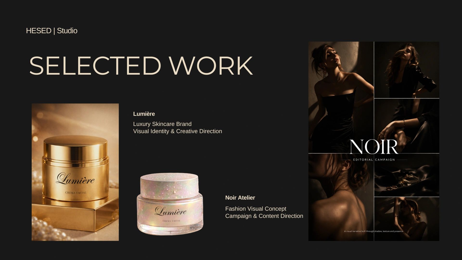 Luxury skincare and fashion visual campaign with elegant, moody lighting and sophisticated design.