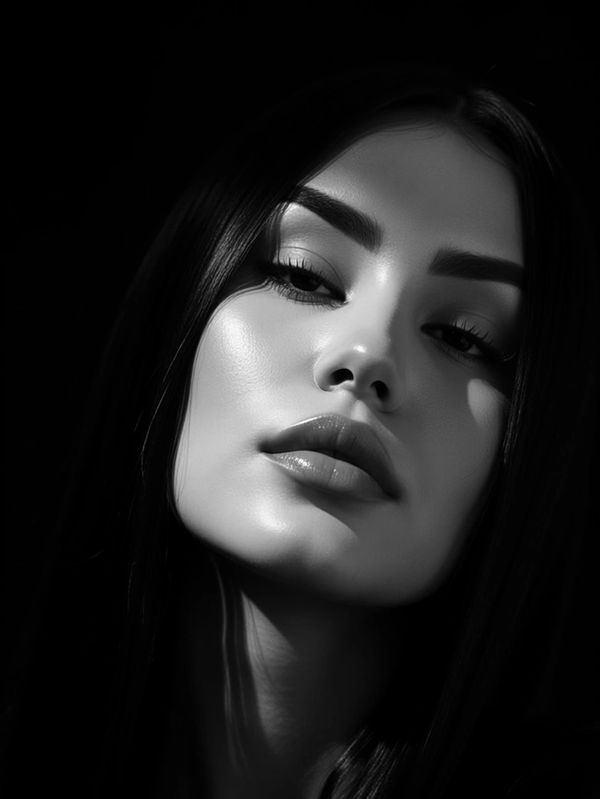 Close-up black and white portrait of a woman with smooth skin and dark hair.