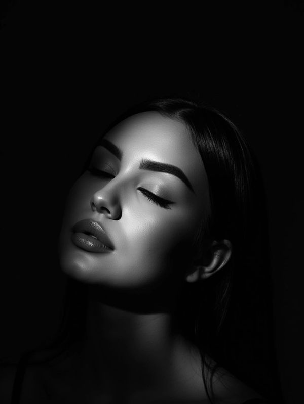 Black and white portrait of a woman with eyes closed, showcasing smooth skin and defined features.