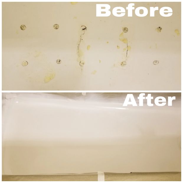 Cracked and weak fiberglass base of bathtub.
Special foam is put in under the tub and the base is built up after. Looks like nothing was done after refinishing. Give us a call