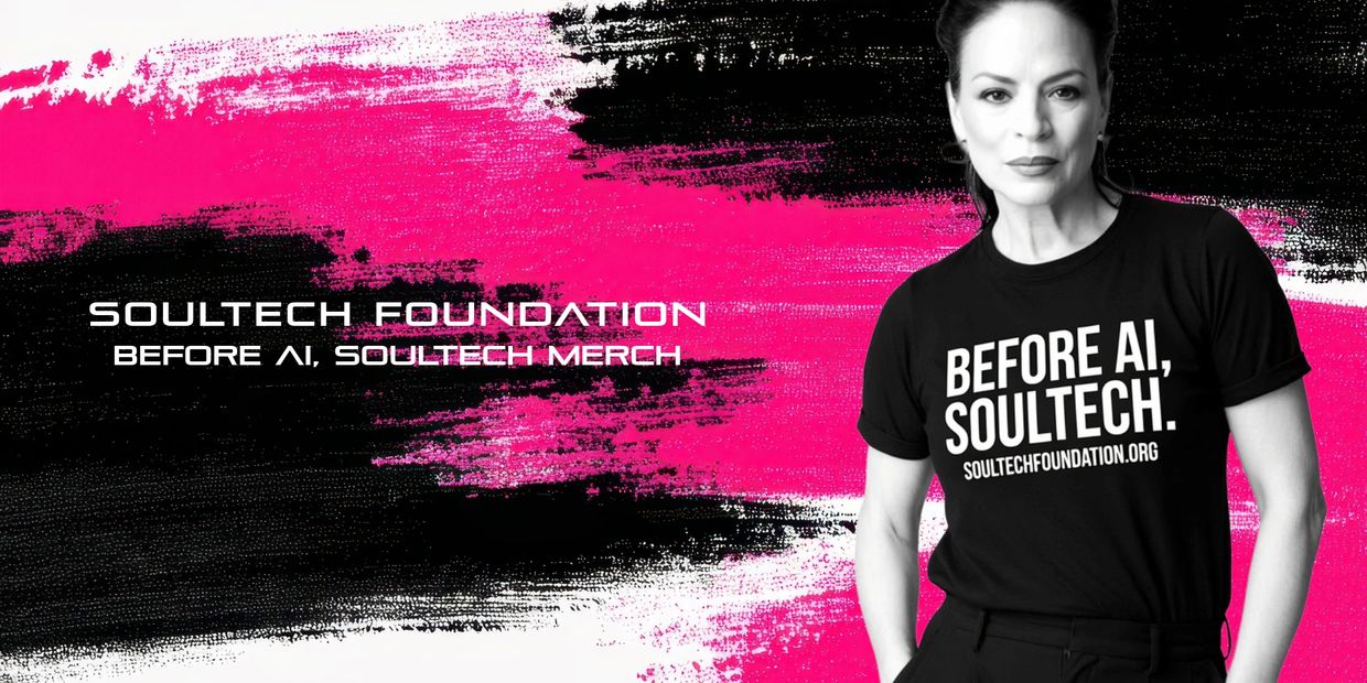 Woman wearing a SoulTech Foundation t-shirt promoting AI awareness.