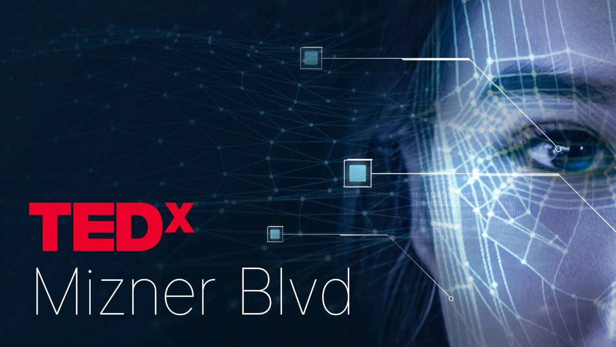 TEDx Mizner Blvd logo with a digital, futuristic face scan overlay.