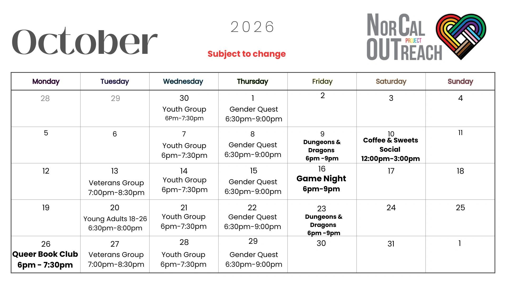 October 2026 calendar with NorCal OutReach events.