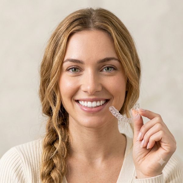 Smiling woman holding a clear dental aligner showing her perfect teeth.