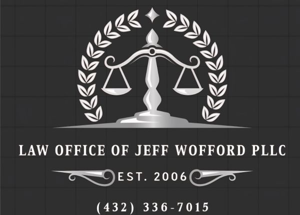 Law office logo with scales of justice and contact info.