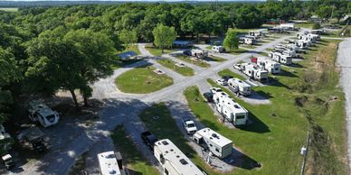 Aerial view of RVs parked at Camp David RV Resort, spacious Georgia camping spots.