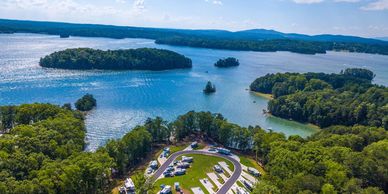 Aerial view of RVs by Lake Lanier at Camp Margaritaville Resort, scenic Georgia camping spots.
