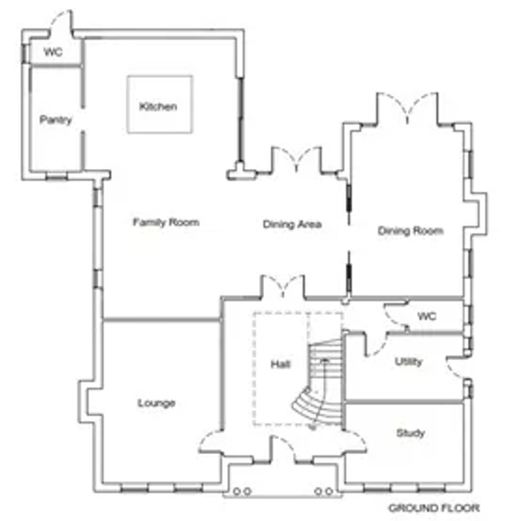 Ground floor plan with kitchen, lounge, dining room, study, and utility areas.