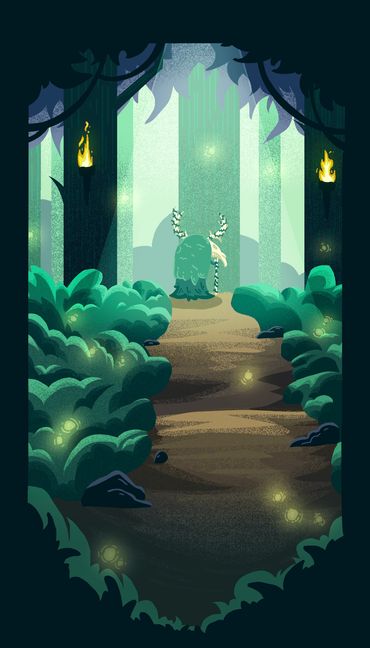 A forest, magical environment featuring the king of the forrest. 