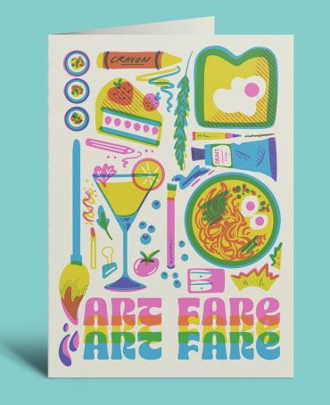 Illustrated card with colorful food and art items, text 'ART FARE'.