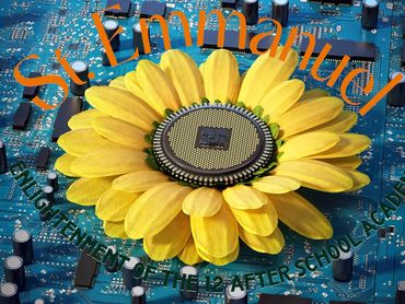 A sunflower with a computer chip center on a circuit board background.