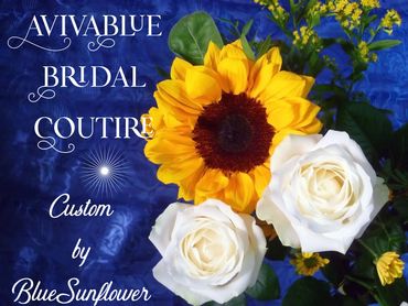 Bright sunflower and white roses with elegant bridal couture text on blue background.