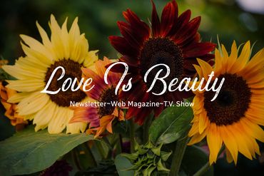 Colorful sunflowers with the phrase 'Love Is Beauty' overlaid in elegant white script.