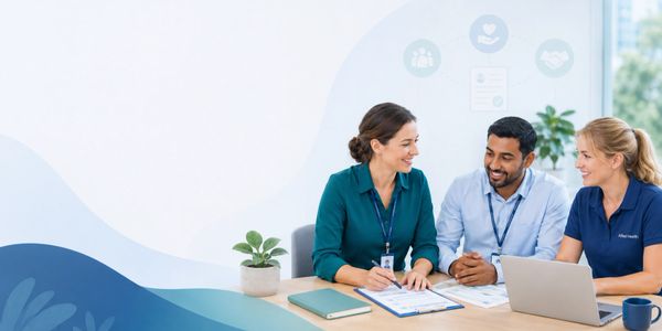 Three professionals collaborating in a meeting with documents and a laptop.