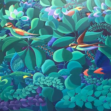 Birds in colour, full of vibrancy in oils on canvas