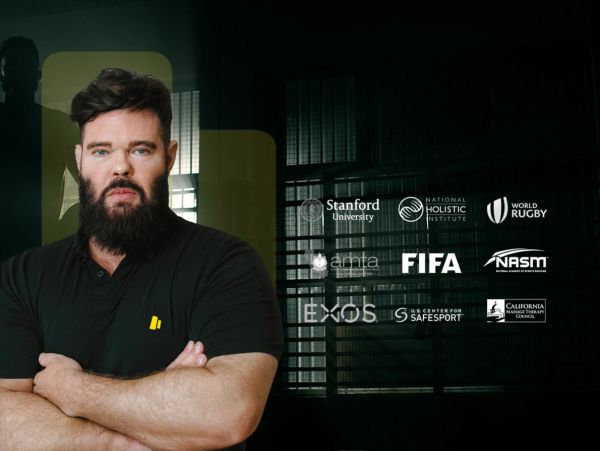 Man with beard and crossed arms in front of sports and health organization logos.