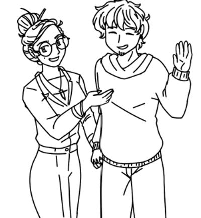 Two friends smiling, one waving and the other gesturing.