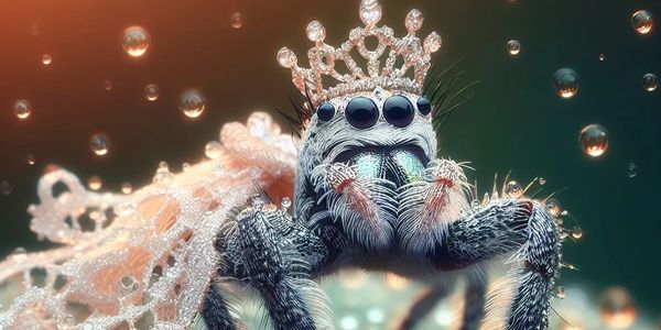 A spider wearing a crown and lace cape.