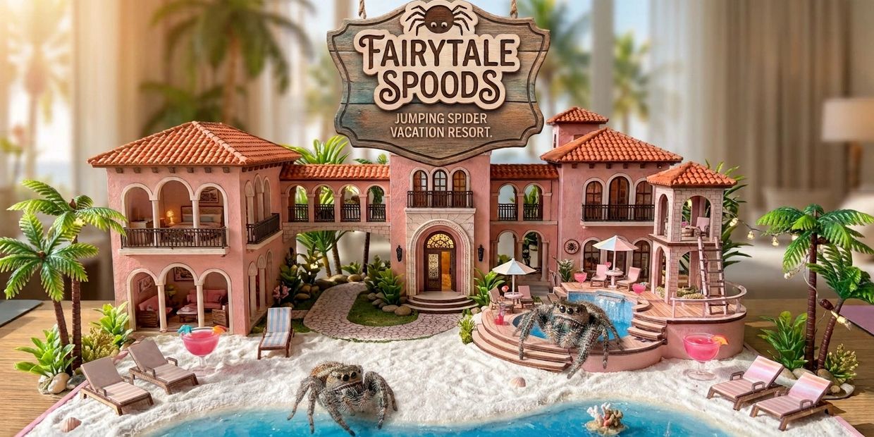 Miniature resort for jumping spiders with beach and pool.