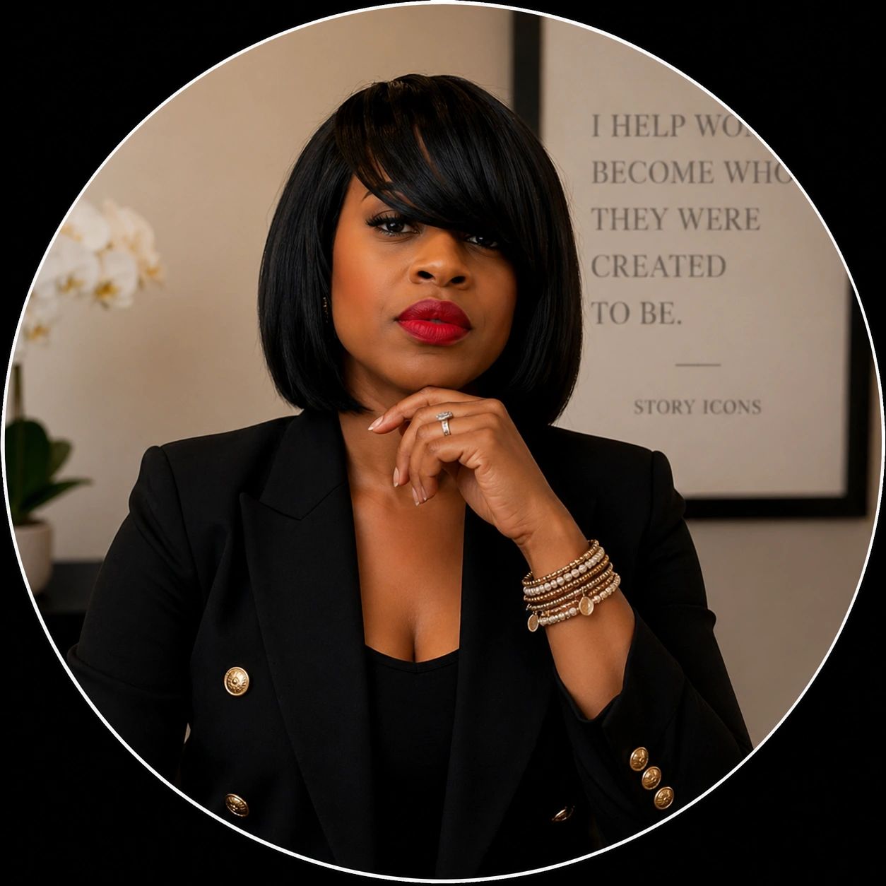 Confident woman in black blazer with bold red lipstick and stylish accessories.
