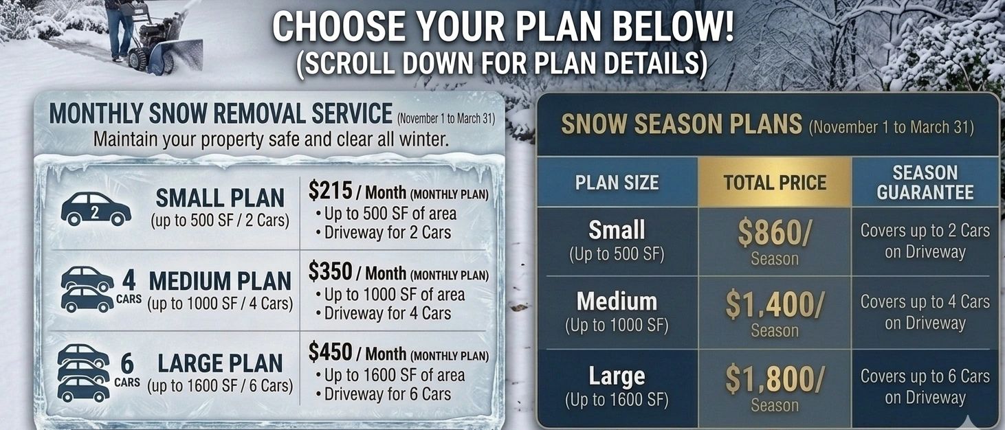 Snow removal plans for small, medium, and large driveways with monthly and seasonal pricing.