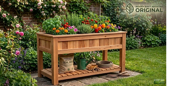 A wooden raised garden bed filled with vegetables and flowers in a lush garden.