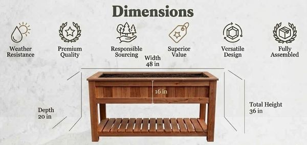 Wooden planter with dimensions and features listed above.