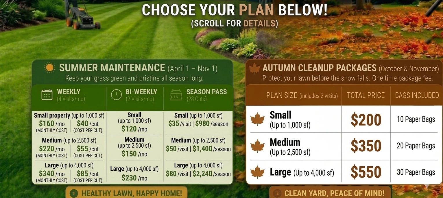 Lawn care plans for summer maintenance and autumn cleanup with pricing and services.