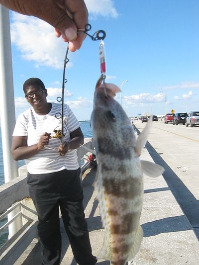 Person fishing with a caught fish on a hook.