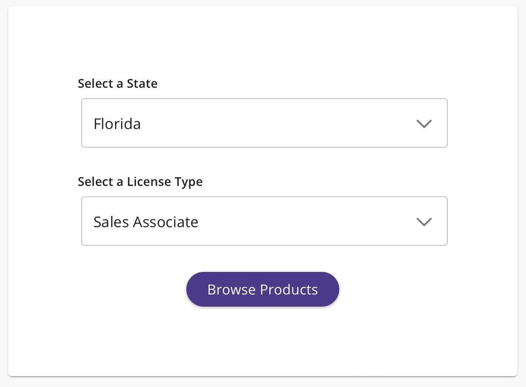 State and licensure type drop-down menu. Choose Sales Associate or Broker to continue. 