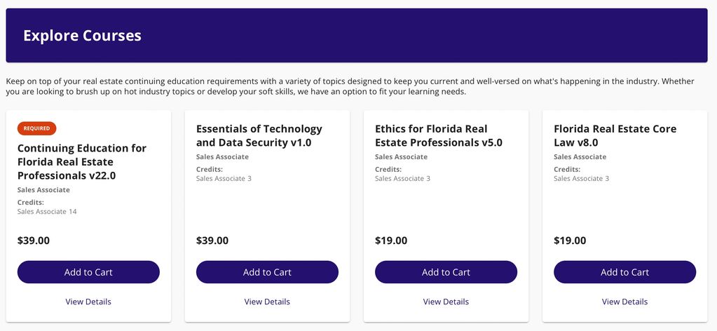 Online course selections available for the Florida real estate Continuing Education section. 