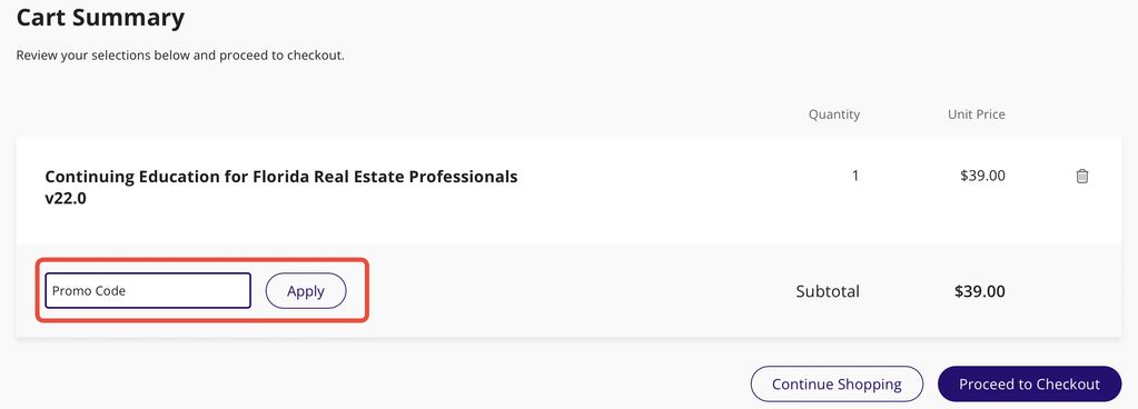 Cart Summary includes the course: Continuing Education for Florida Real Estate Professionals v22.0