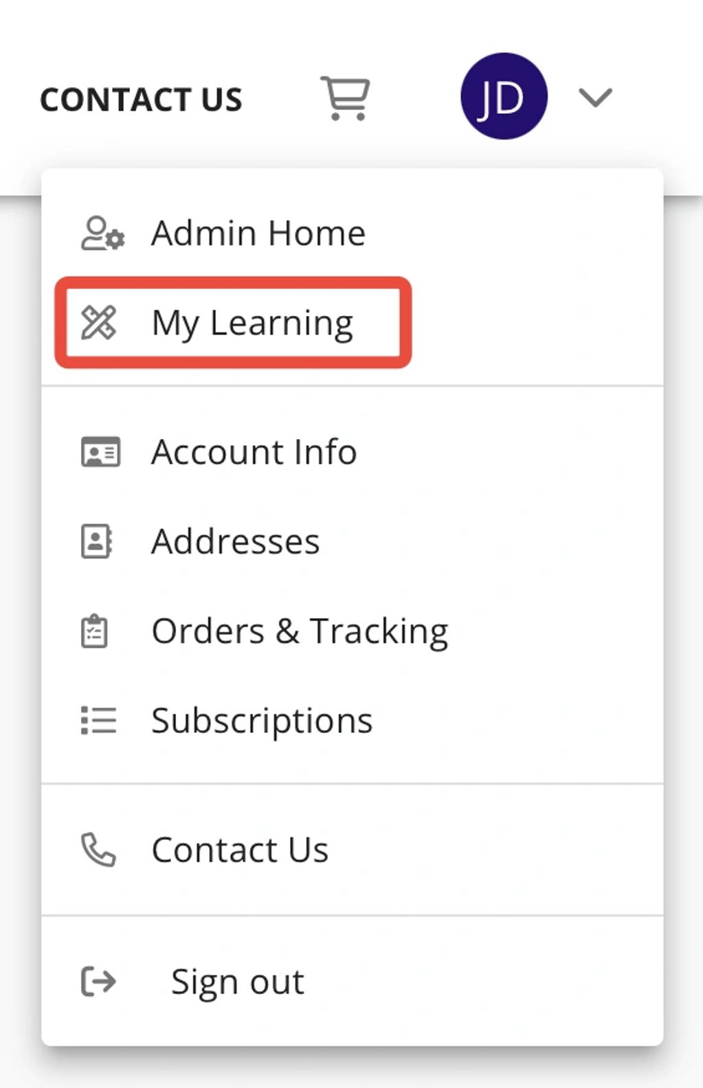 Choose the ‘My Learning’ option from the account icon to access your purchased online courses.