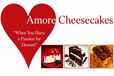Amore Cheesecakes logo with heart and three delicious cheesecake images.